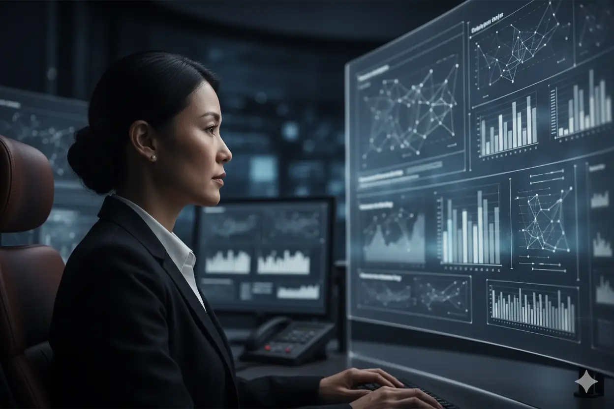 Persona supervisando un panel de control con flujos de trabajo automatizados